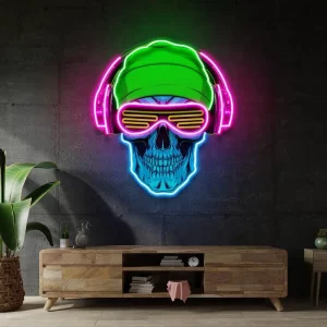 Enseigne néon tête de mort LED – crâne coloré avec casque – déco murale chambre gaming ou bar – fan art non officiel