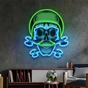 enseigne néon crâne motard – LED verte lampe; bleue – déco murale biker bar rock – tailles 35 à 60 cm –