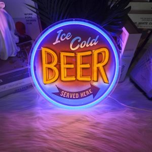 panneau lumineux LED Ice Cold Beer – enseigne murale ronde rétro USB 30 cm – déco bar, cave ou garage – fan art non officiel inspiré