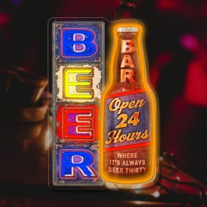enseigne LED Beer Bar – néon décoratif USB “Open 24h” – ambiance rétro lumineuse pour salon, garage ou bar maison – style man cave