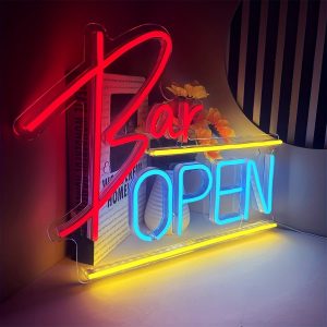 enseigne LED Bar OPEN – néon décoratif USB multicolore pour bar, club ou salon – installation murale rapide – déco festive sans fil