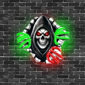 enseigne néon murale Crâne LED rouge & vert – déco mur Halloween ou bar motard – alimentation USB 32x32cm