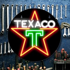 enseigne LED TEXACO rétro 30x30 cm – lumière murale ronde USB vert rouge blanc – déco garage ou station-service – fan art non officiel inspiré