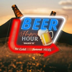 enseigne LED Beer Happy Hour – déco murale rétro 39x29 cm – lumière néon USB avec variateur – bar, garage ou cave