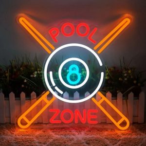 enseigne néon Pool Zone – LED murale 32x32cm style billard/snooker – déco USB pour salle de jeux ou bar motard
