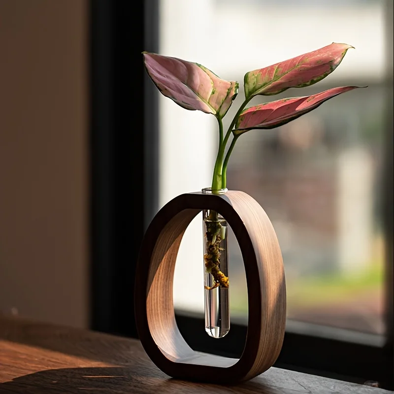 Vase en bois massif noyer avec insert verre pour arrangement floral créatif