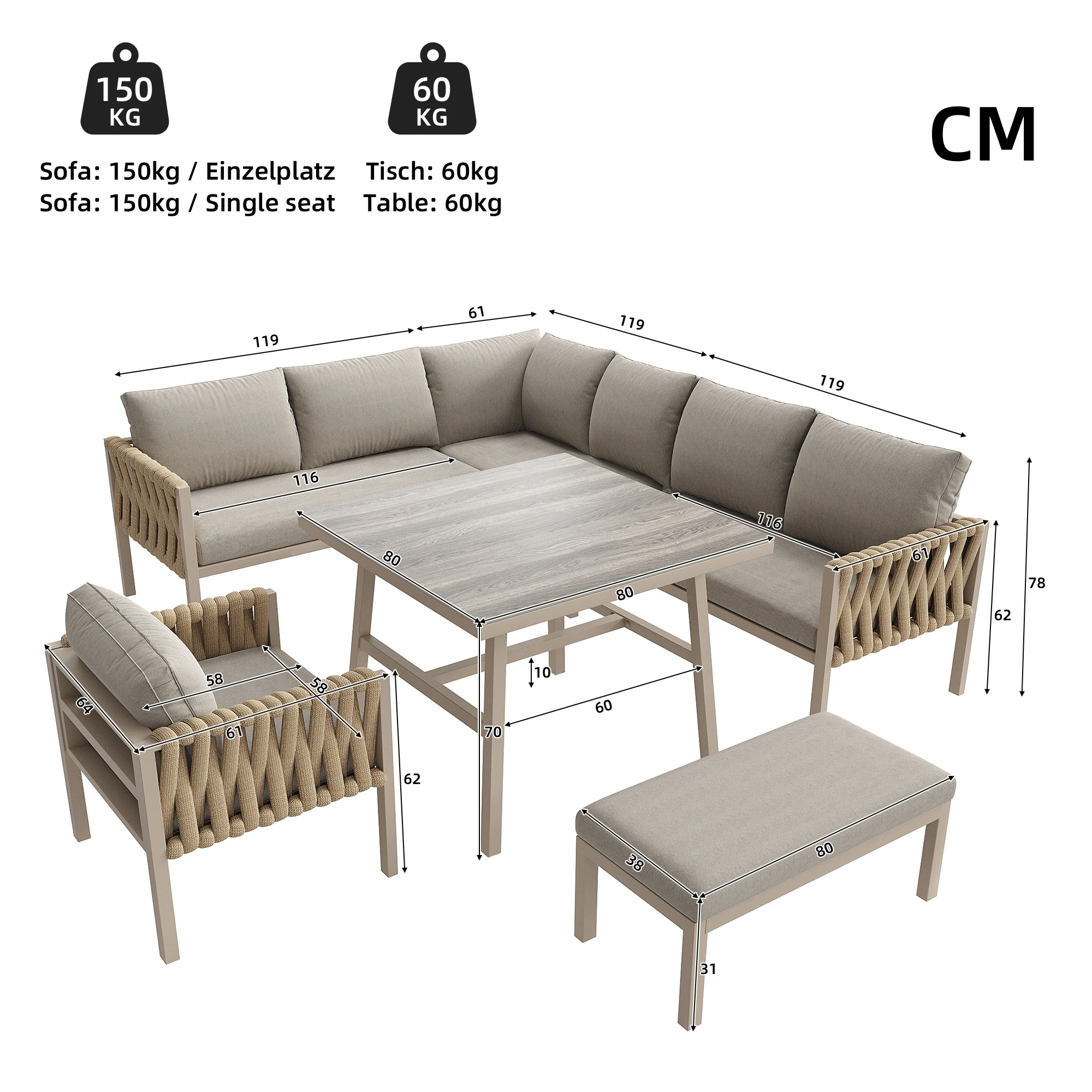 Ensemble de meubles de jardin en corde et fer galvanisé avec plateau verre trempé – Image 2